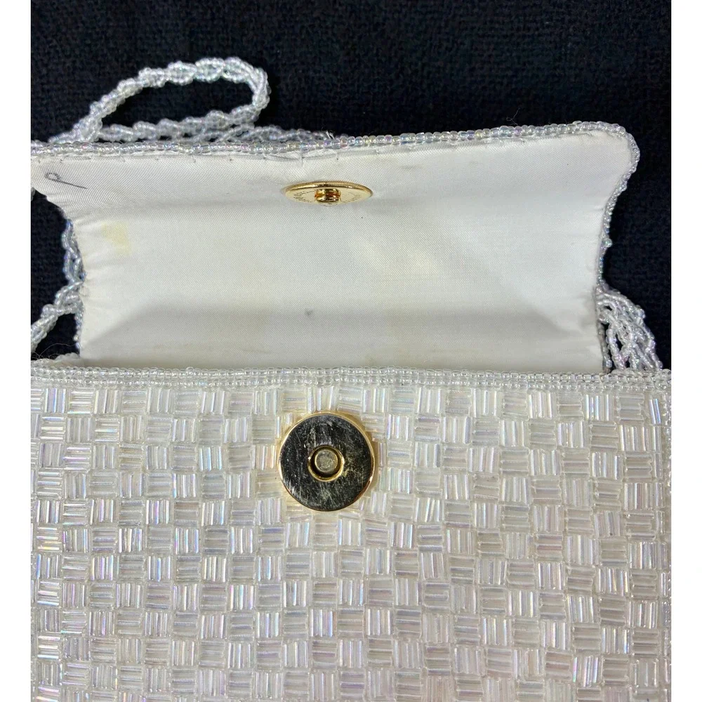 Vintage Iridescent White Beaded Evening Clutch Crossbody Bag Basketweave Pattern